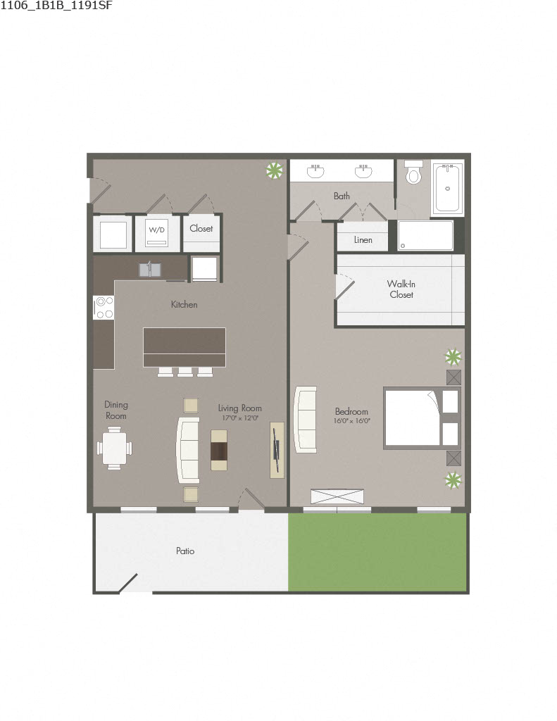 Floor plan for 1 bed, 1 bath, 1191 sqft